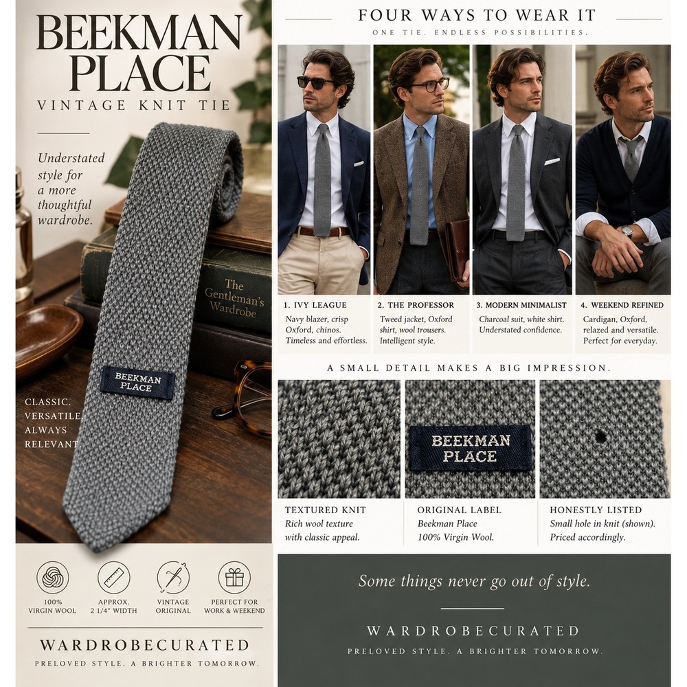 Vintage Beekman Place Mens Knit Tie Gray 100% Virgin Wool Skinny 2.25" Preppy